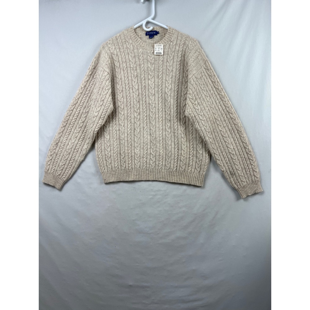J.Crew Cable Knit Sweater Mens Large Oatmeal Beige 100% Wool Fisherman Crewneck